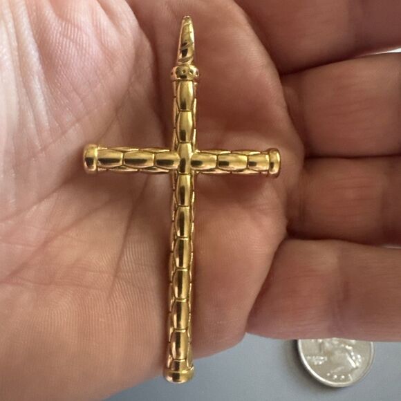 Vintage Jewelry Silver Gold Religious Cross Pendant 2.5 Inch Stainless Steel - Picture 4 of 6